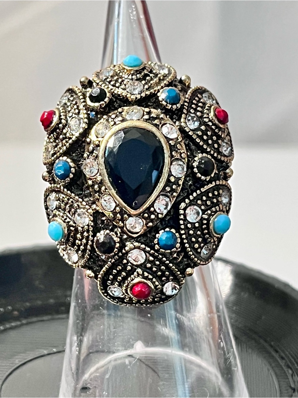 Vintage-Style Black Teardrop Statement Ring with Blue and Red Accents size 6.75